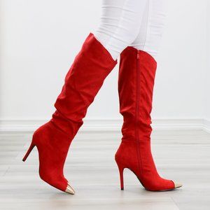 Fancy Pointy Toe Below The Knee Red Boots Suede